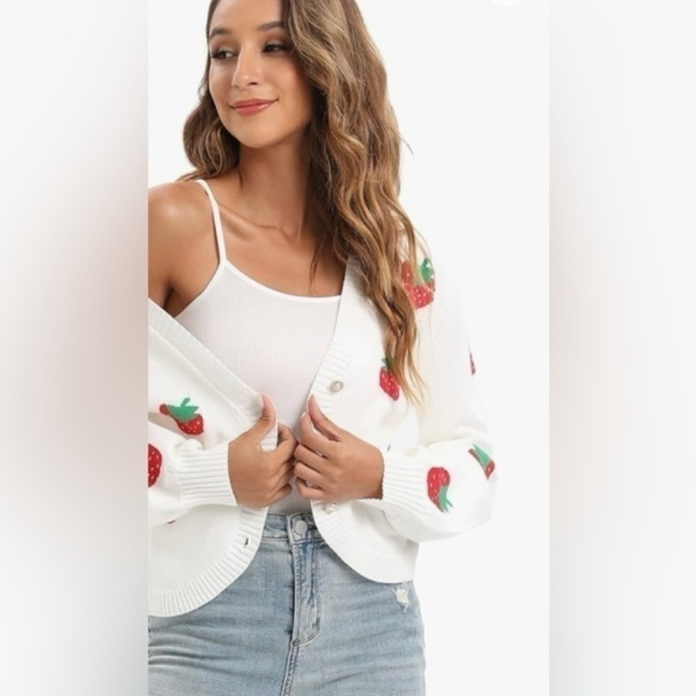 Juoiantang  Knit Cardigan Strawberries Embroidery Lantern Long  Cropped sweater